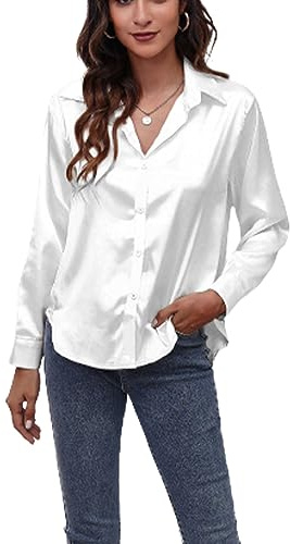 BHUJIA Camisa de Seda de satén para Mujeres Camisa de Botones de Manga Larga, Camisa Casual de Seda Camisa Suelta Camisa Elegante Camisa