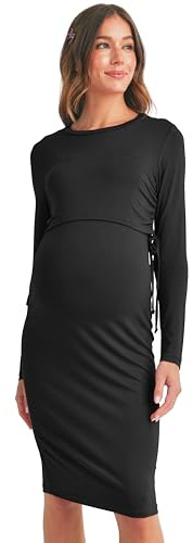 Womens Double Layer Long Sleeve Side Drawstring Maternity Nursing Dress, Medium, Black