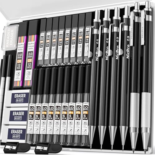 Nicpro 34-teiliges Druckbleistift Set, Metall schwarzes Druckbleistift Set, 0,3, 0,5, 0,7, 0,9 mm und 2 mm Minenhalter (6B, 4B, 2B, HB, 2H, 4H, CR) zum Skizzieren, Zeichnen, mit 19 Röhrchen Minen