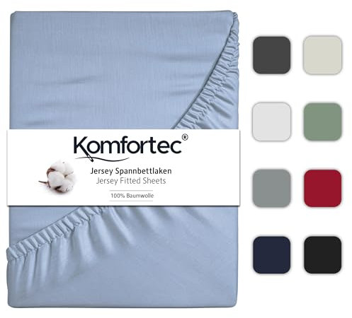 Komfortec Spannbettlaken Jersey 100% Baumwolle – 200x200 cm – 135g/m² – Weich, Atmungsaktiv & Hautfreundlich – Mit Rundumgummi – Oeko-Tex Zertifiziert – Für Boxspring, Topper & Matratzen – Hellblau