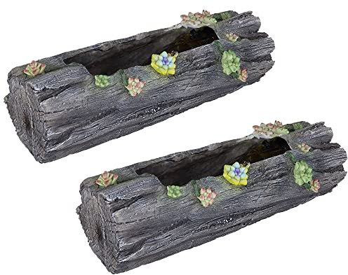 Solar Pflanzgefäß Blumentopf Deko Licht für Haus und Garten in Baumstammoptik, grau antik, 1x LED warmweiß, LxH 44,3x13,5 cm, 2er Set