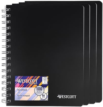 Westcott E-730891 00 - Quaderno a spirale, formato A5, a quadretti, 200 pagine, formato A5, perforato, con carta di qualità da 80 g/m², rilegatura a spirale, blocco note con copertina in similpelle, 4