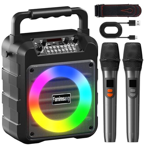 Máquina de karaoke para adultos, altavoz de karaoke portátil Bluetooth con dos micrófonos inalámbricos, altavoz de sistema PA compatible con tarjeta TF/USB, entrada AUX, REC, graves y agudos para