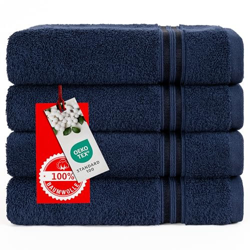 Hammetex 4er Badetuch Set, 100% Baumwolle Premium Qualität Groß 50x100cm Handtuch, Weich Saugstark Schnell Trocknendes Händehandtuch, Dunkelblau