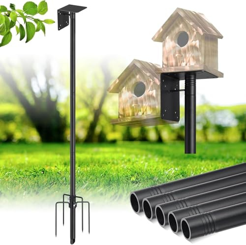 Support de Nichoir, 220cm Support de Nichoir Réglable Poteau de Maison Extérieure avec Piquet Coupe-Vent à 5 Griffes et Support de Montage, pour Maison de Merle Bleu, Copain d’Oiseau, Station Météo