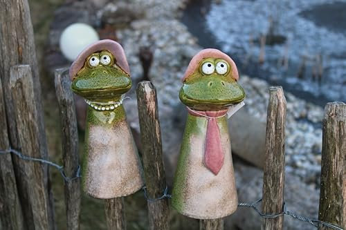 Holzwurm Tabouret de clôture décoratif en céramique - 21,5 cm - Couple de grenouilles avec chapeau - Vert/rose