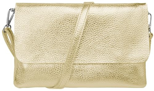 Caspar Elegante Leder Clutch Damen Umhängetasche Abendtasche mit verstellbarem Schultergurt - CLASSIC LINE - Modell No.835 - Made in Italy, Farbe:gold metallic