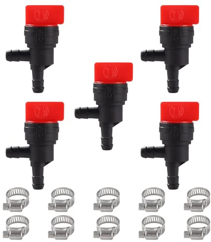 VooGenzek 5 Piezas 90 Grados Válvula de Cierre de Combustible de 1/4, Grifo de Combustible de Plástico de 6-8 mm, con 10 Piezas Abrazaderas de Manguera, para Cortacésped