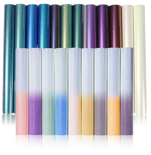 Blueshyhall Plotterfolie Textil Set mit 9 Farbwechsel UV Glitzer Folie und 12 Chamäleon Metallic Textilfolie, 30 x 25 cm Heat Transfer Vinyl HTV Aufbügelfolie Textil Flexfolie Bunt für DIY Stoff