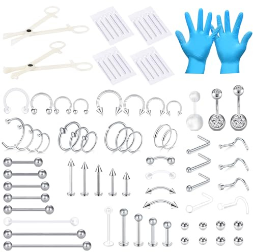 AceFun 85 pièces taille mixte Piercing Kit Bijoux Acier inoxydable Lèvre Nez Langue Tragus Cartilage Daith Eeybrow Nombril Anneaux Corps Piercing Tools 14G 16G 18G 20G