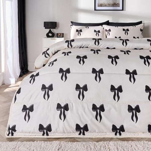 OHS Single Duvet 10.5 Tog Coverless, Stylish Bow Print Soft Warm Microfibre Coverless Duvet Single Camping Summer Winter Washable Quilt Bedding with Pillowcase, Monochrome