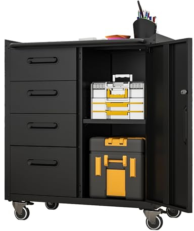Bladez Chariot à outils en acier 4 tiroirs, plan de travail, roulettes à 360°, 75 x 42 x 88 cm, étagères réglables, pour garage et atelier, noir