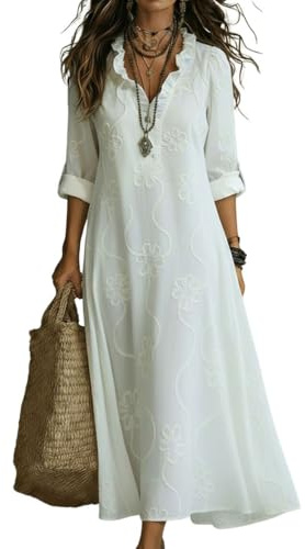 Vestido Camisero de Verano para Mujer Estilo Boho con Volantes, Bordado Floral y Mangas largas enrolladas — Túnica Casual de Playa Larga