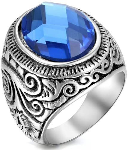 Flongo Bague pour Homme Femme, Bague Charmante Couleur Bleu Argent Anneau Acier Inoxydable Sculpté Chic Rétro, Taille 72