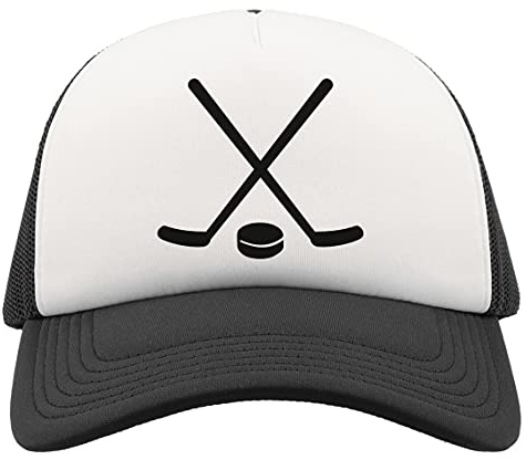Ice Hockey Sticks and Puck Minimalist Graphic Half Mesh Trucker Cap Baseball Hat Snapback Black