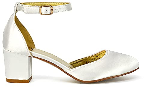 ESSEX GLAM Womens Bridal Low Mid Block Heel Ankle Strap Buckle Sandals Court Shoes Ivory Satin 6 UK