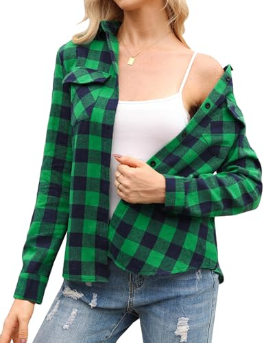 Irevial Rutig Damblus Ledig Skjorta Button-Down Långärmad Pojkvän-Stil Bomull Blus för Vår och Höst, A-Grön, M