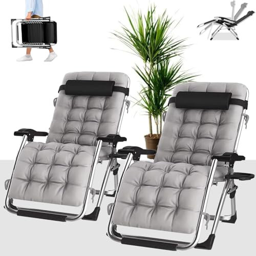 PMFRUG Liegestuhl Klappbar,Liege Balkon Gartenstuhl Sonnenliege Verstellbare mit GeträNkehalter Polster Gartenliege Relax Liegestuhl Wohnzimmer 2er Set (Graues Kissen)