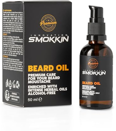 Aceite para barba Smokkin Premium, 50 ml, enriquecido con aceites herbales intensos, libre de alcohol.