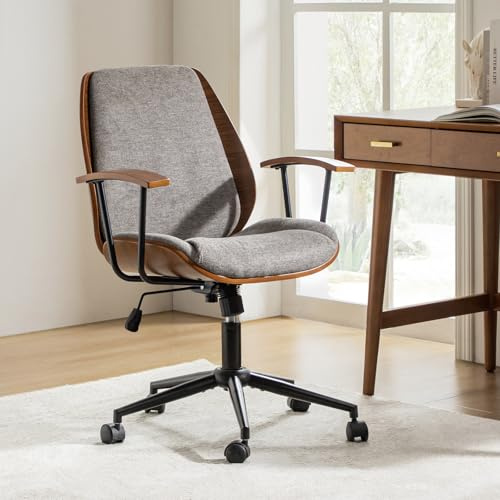 HULALA HOME Solid Wood Office Chair with Tilt Function & Metal Base, Tan | Ergonomic Desk Chair with Bentwood Frame, Cushioned Seat, Solid Wood Armrests, 360° Swivel Task Chair for Home Office