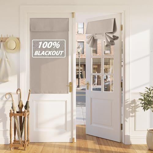 RYB HOME 100% Blackout Linen French Door Curtain - Home Decor No Drill Door Curtain for Front Window, Thermal Insulated Privacy Blinds with 2 Adhesive Tapes, W 26 x L 40, 1 Panel, Sand