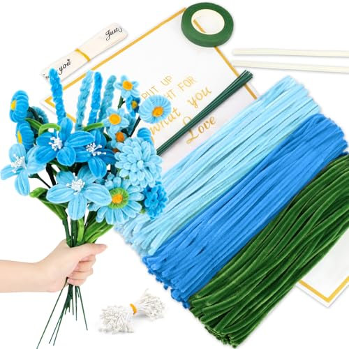 Pfeifenreiniger Blumen Set 316 Stück, Pfeifenputzer zum Basteln, 3 Farben (Grün, Blau, Hellblau), Pfeifenreiniger, Bastelset Erwachsene, Basteln