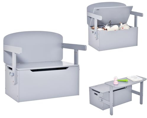 RELAX4LIFE Cassapanca Contenitore Trasformabile 3 in 1 in Legno con Scatola Portaoggetti, Tavolo e Sedie, Scatola dei Giocattoli per Bambini Adatta per Casa e Scuola (Grigio)