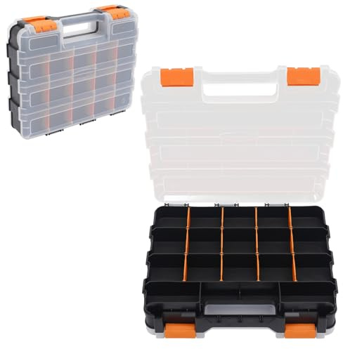 Sortierbox Werkzeugkiste, 34 Fächer Profi Koffer Organizer mit Abnehmbarer Trennstege, Transparent Sortierboxen für Kleinteile, Stapelbar Sortierkasten für Schrauben Nägel und Kleinteile (Schwarz)