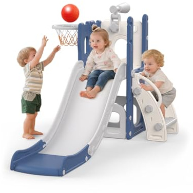 Hominewti Scivolo per Bambini, 5 in 1 Scivolo per Interni ed Esterni, Parco Giochi per Bambini con Canestro da Basket, Spazio di Archiviazione e Telescopio, Parco Giochi per Bambini da 1 Anno, Blu