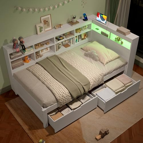 3ft Single Bed Frame with Side Bookshelf and Storage Drawers, Wooden Storage Bed with LED Lihghting & Charging Station, Functional Daybed Sofa Bed Guest Beds Youth Beds, White, No Mattress, 190x90 cm