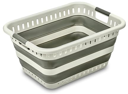 Addis Space-Saving Foldable Laundry Basket 45 litre Clothes Washing Hamper with Straight Soft-Grip Handles, White & Grey