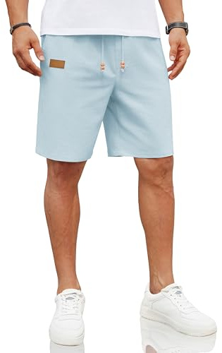 COOFANDY Pantaloni Casual Pantaloncini di Lino Pantaloncini con Elastico Pantaloni di Lino Estivi per Uomo Pantaloni da Spiaggia con Tasche Azzurro Chiaro M