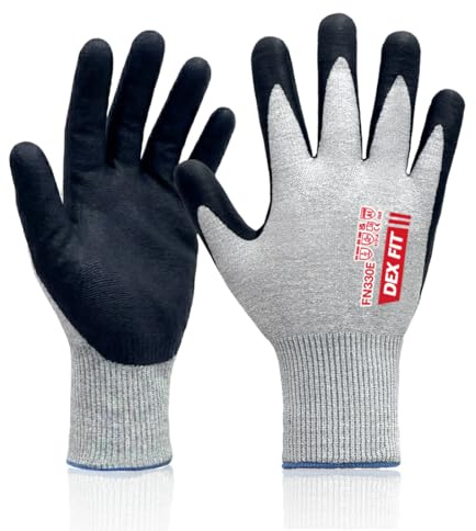 DEX FIT FN330E ESD Anti-Static Gloves, EN16350 Certified, 15-Gauge Nylon Spandex 3D Fit, ANSI Cut A1, Touchscreen Foam Nitrile Grip for Electronics, PC Building, Assembly; Grey L 1 Pair