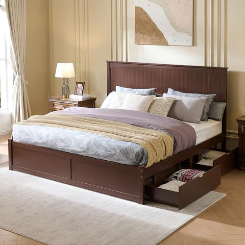 LUXOAK Queen Size Solid Wood Bed Frame with Storage, Mid-Century Modern Platform Bed with 50 Headboard & 2 Drawers, No Box Spring Needed/Quiet Support/Easy Assembly/Espresso Brown Finish