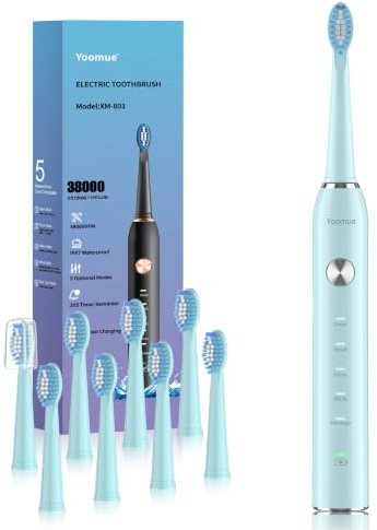 Yoomue Sonic Electric Toothbrush for Adults & Kids with 8 Brush Heads Blue | USB Rechargeable Toothbrushes,IPX7 Waterproof,2.5-hour fast charging,smart timer,5 High-Performance Modes,Compact for Travel