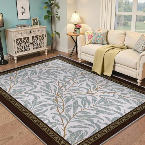 UERWOWELL Piccoli tappeti marroni con bordo 100x150cm Rami di salice vintage sottili e lavabili foglie di salice tappeto stampato zerbino in stile boho per l'ufficio domestico