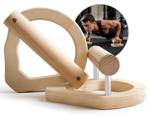 Push Up en Bois, pack de 2 Parallètes Calisthenics, Poignées Pompe 2 en1 pour pompes & Anneaux Gymnastique, pour home gym et entraînement extérieur