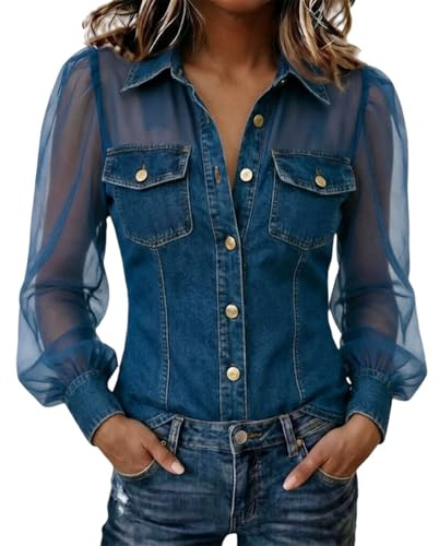 Denim Shirt Women Plus Size Sheer Puff Sleeve Button Down Shirt Regular Fit Denim Patchwork Blouse See-Through Chambray Shirts Elegant Cowboy Style Going Out Tops,Dark Blue,L