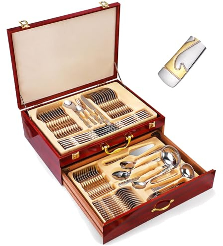 12-persons rostfritt stål bestick 72 stycken med trälåda Hållbara Bestickar Knivar Forks Spoons Spegel Polska Elegant Matredskap för hem Restaurang Everyday Use Party-samling