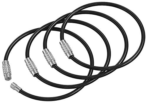 Silipac Black Cable Key Ring 4 Pack - 6.3 Flexible Wire Keychain Loop with Twist-Lock Screw for Luggage Tags & Bag Charms