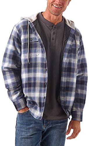 Wrangler Authentics Men's Men's Long Sleeve Quilted Lined Flannel Jacket With Hood Button Down Shirt, Blue/Black, L UK