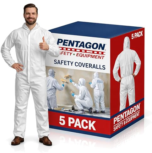 PENTAGON SAFETY EQUIPMENT - Disposable Overalls, Full-Coverage Hazmat Suit with Hood, Overalls for Men/Women, Pack of 5 White Coveralls for Extreme Work Environments & Various Applications, X-Large
