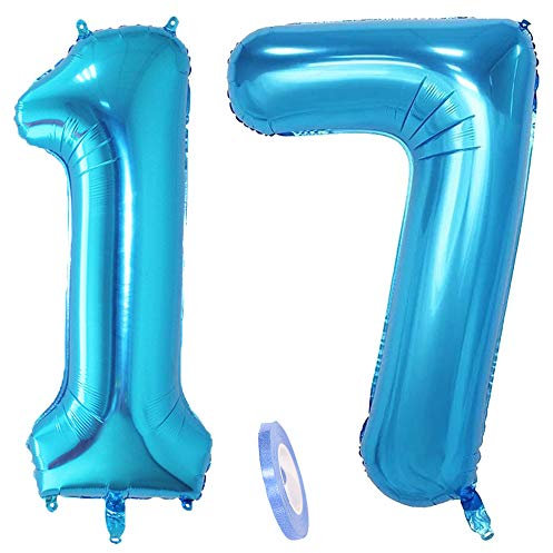2 Luftballons Zahl 17, Nummer Luftballon Blau Mädchen Junge Jungs,40 Riesen Aufblasbar Helium Folienballon Blue Ballons Figuren für Geburtstag 17.Jahre Kinder Jungen Party Dekoration (xxxl 100cm)