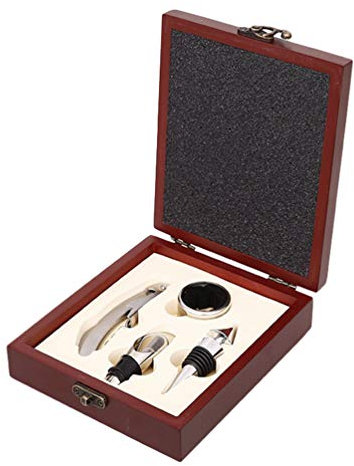 MisFox Set Apribottiglie Vino, 4 Pezzi Kit Accessori per Vino con Scatola Regalo in Legno Composto da Cavatappi a Leva, Tappi in Lega, Taglierino e Versatore