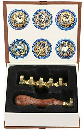 Wachs-Siegelstempel-Kit, ANBOSE-Sternenwachs-Siegelstempel-Set mit 6 abnehmbaren Messingköpfen und 1 Holzgriff, Retro-Vintage-Katzenhirsch-Pfau-Meerjungfrau-Flamingo-Versiegelungswachsstempel für