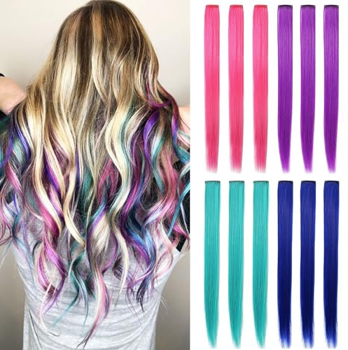ZHAOWWEI Prinzessinnen Farbig Haarverlängerungen mehrfarbig Party-Highlights Strähnen synthetische Haarteile zum Anklipsen farbige Haarverlängerungen 12 Stück (blau lilab laugrün rosa)