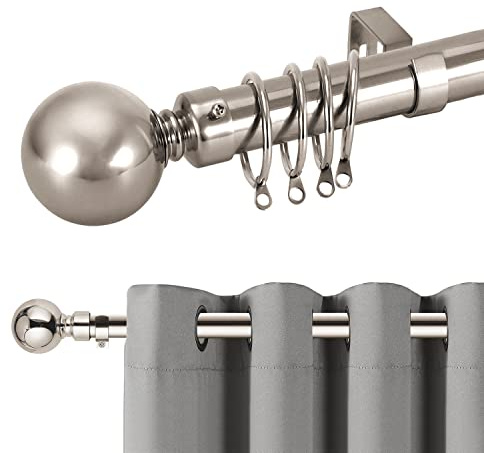 Hafaa Curtain Poles Plain Metal Ball Adjustable Decorative Window Curtain Pole Includes 120 to 210 cm Extendable Curtain Rod, 60mm Size Classic Finials, Rings, Brackets & Fittings Set, Brushed Silver