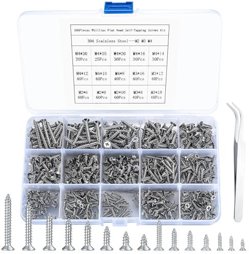 595 Pièces Assortiment de Vis Autotaraudeuses, Vis Autoperceuses en Acier Inoxydable, Vis à Bois, Vis à Tête Cruciforme Ronde Plate pour Meubles Métal - M2/m3/m4 (595pcs)