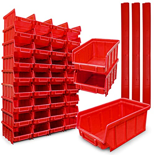 40x Stapelboxen Rot Größe 2 + 8 Wandschienen Werkstatt Garage Sichtlagerboxen (LxBxH) 175x103x76mm Wandbefestigung Lagerboxen rote Sichtlagerkästen Stapelbox PP