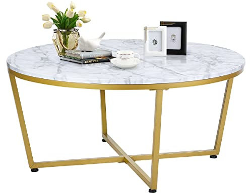 GOPLUS Couchtisch Ø 90 cm, Beistelltisch mit Marmoroptik & Metallgestell Gold, runder Wohnzimmertisch mit X-Basis, stabil und modern, 90 x 42 cm